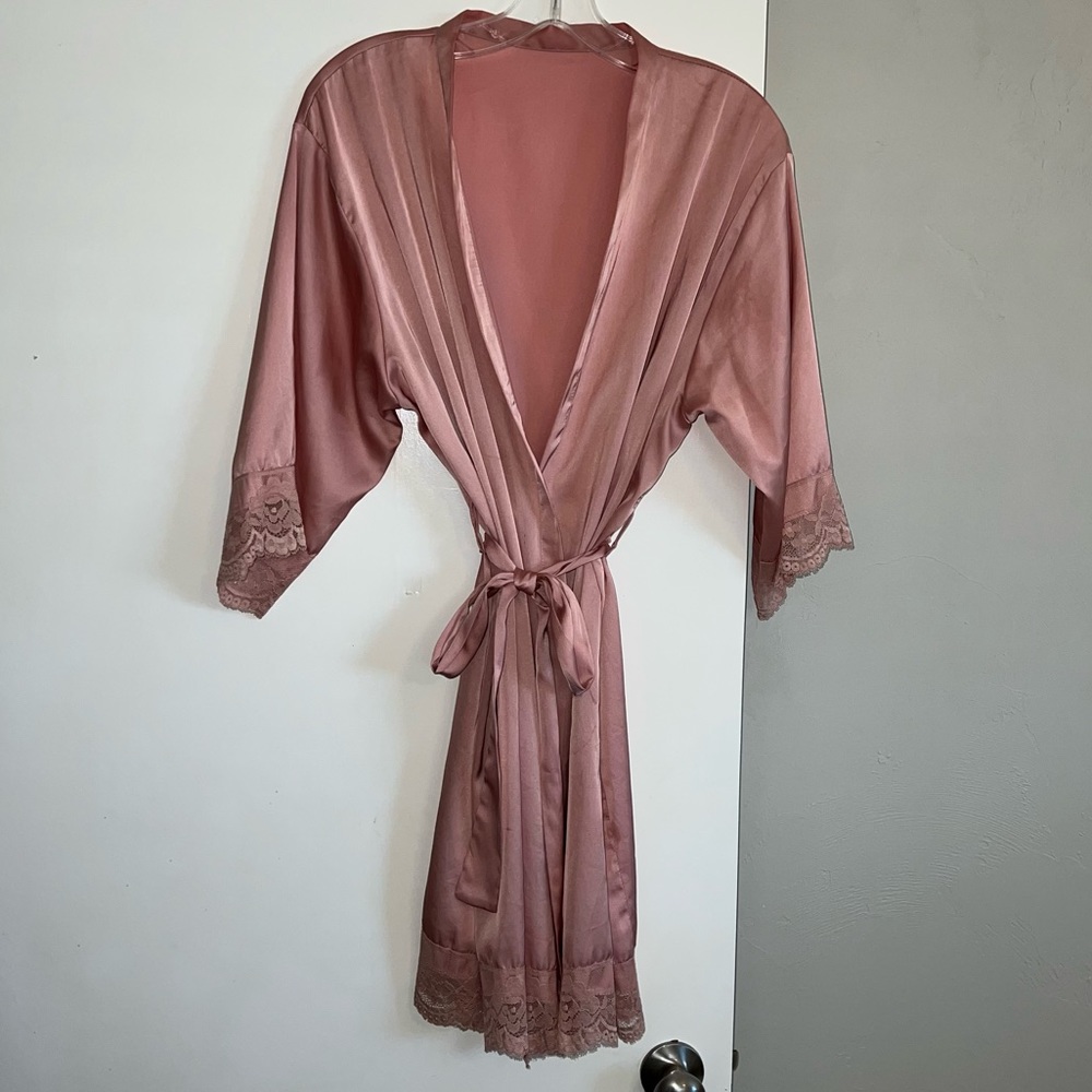 Pink silky and lace long robe. (Bridesmaid Robe)